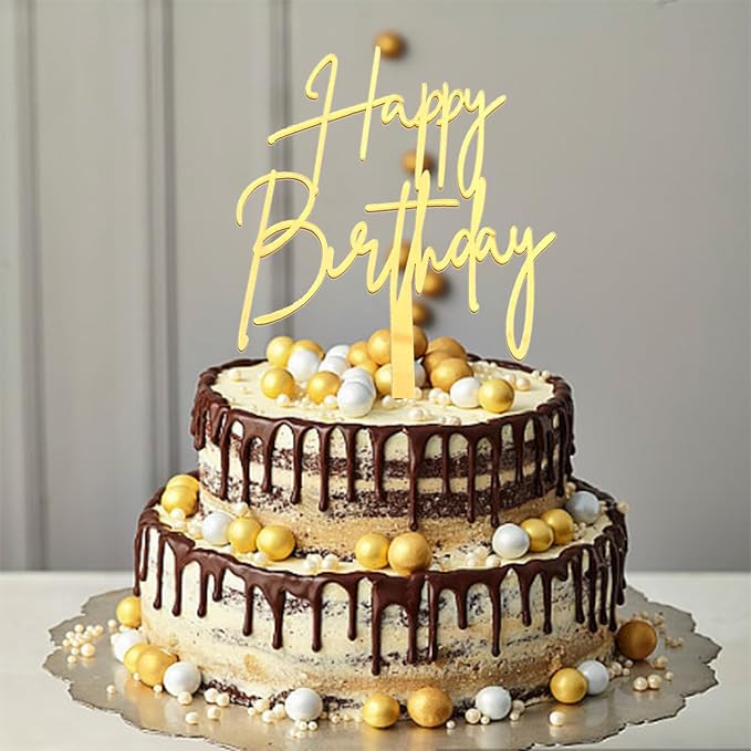 Happy Birthday Cake Topper, Gold Mirror Acrylic Happy Birthday Cake Sign Decorations