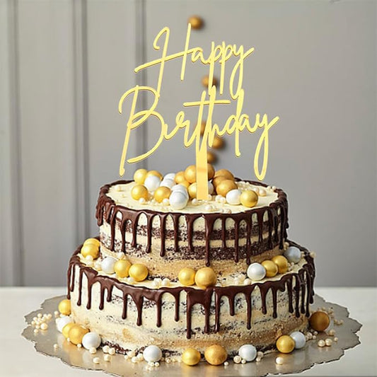 Happy Birthday Cake Topper, Gold Mirror Acrylic Happy Birthday Cake Sign Decorations