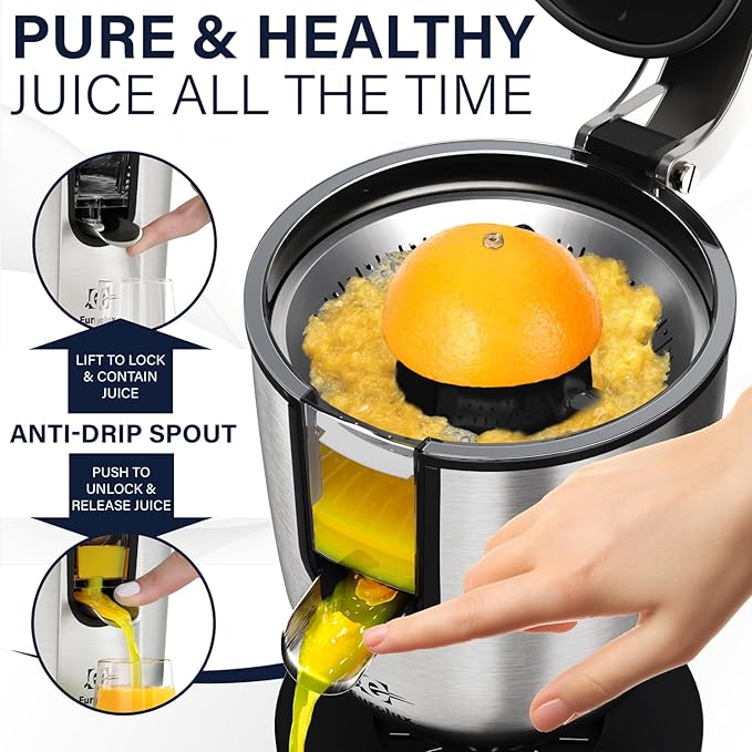Eurolux Premium Electric Orange Juicer | Stainless Steel Citrus Squeezer With New Ultra-Powerful Motor and Soft Grip Handle for Effortless Juicing, Auto Shutoff, Dishwasher-safe Parts, Pulp Control