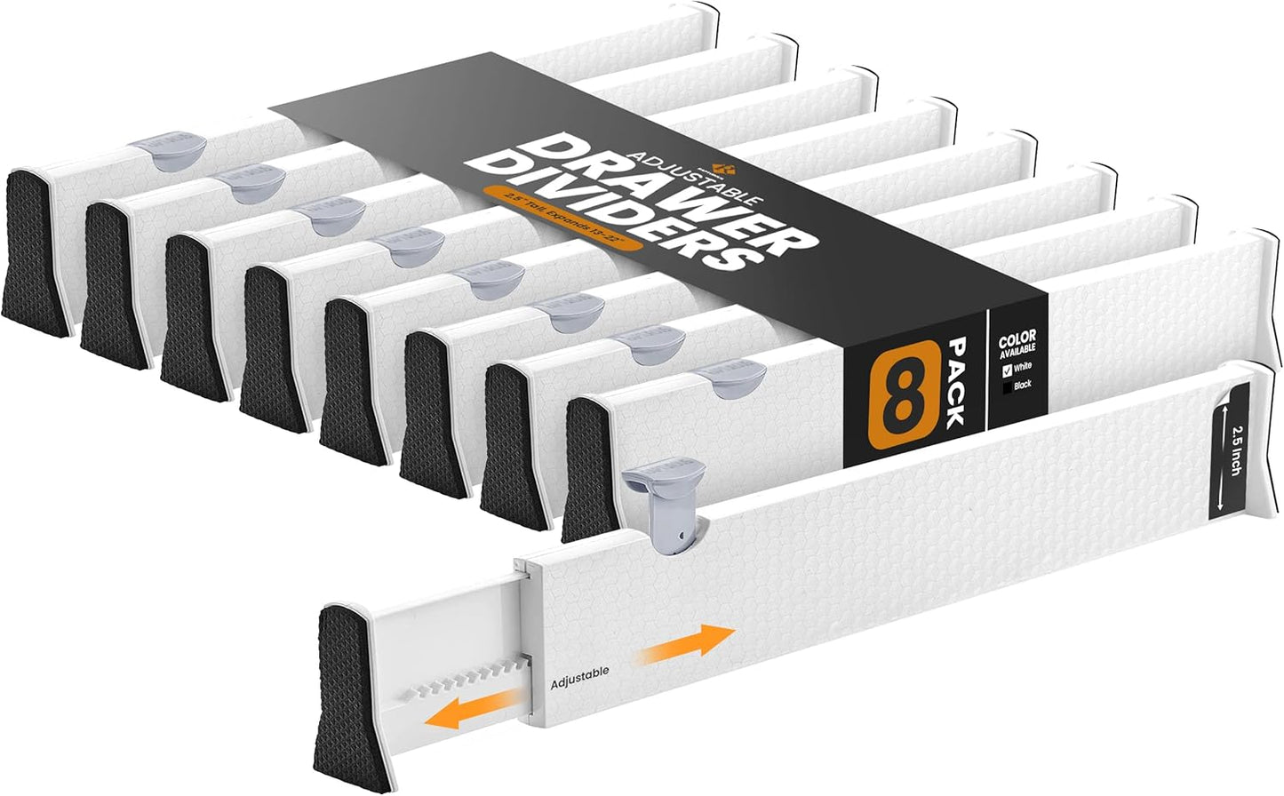 RAPTUROUS Adjustable Drawer Dividers, 2.5" Tall, Expandable 13-22", 8-Pack, Non-Slip for Dresser, Closet, Kitchen, Nursery, and Office (White)