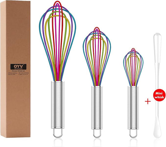 Silicone Whisk,Professional Whisks For Cooking Non Scratch,Stainless Steel & Silicone Wisk,Plastic Rubber Whisk Tool For Nonstick Cookware,Silicon Wisks Set of 3,Rainbow,for Blending,Colorful.