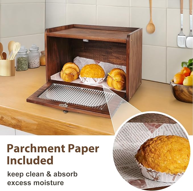 Sunhoo Bread Box for Kitchen Countertop Storage Wooden Breadbox Holder Container Morden Rustic Fresh Bread Keeper Farmhouse Stackable Organizer Bin for Homemade Food Shelf Acrylic Window (Black)
