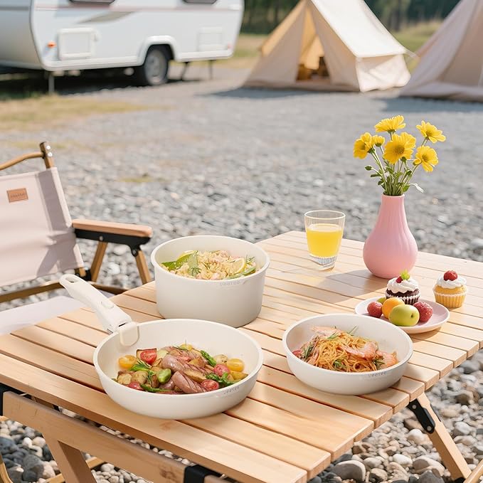 JEETEE Pots and Pan Set Non Stick 25pcs, Cookware Set with Removable Handle, Induction Kitchen Cooking Sets with Detachable Handle, RV Camping Stackable Pots Pans, Oven Safe, PFOA Free, Beige