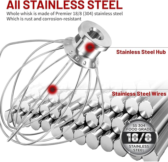 K45WW 6 Wire Whip Attachment for KitchenAid 4.5 5 Quart Tilt-Head Stand Mixer, Dishwasher Safe, Stainless Steel Whisk for Kitchen Aid Mixer Accessory Replacement Parts