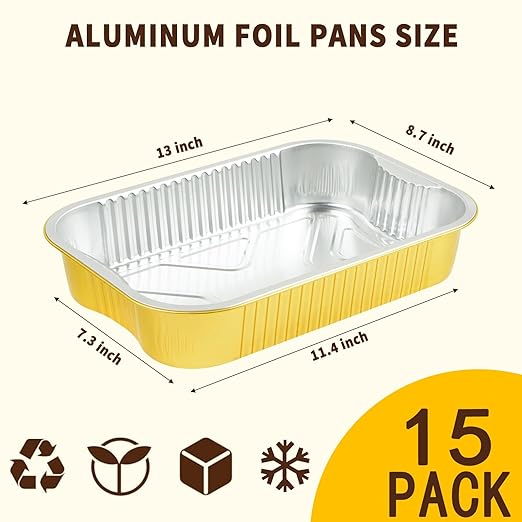 Aluminum Pans with Lids Half Size 9x13 Extra Heavy Duty (15 Pack + 15 Lids), Disposable Gold Aluminum Foil Baking Pans Double Thick Tin Foil Food Container with Lids for Baking, Heating, Cooking