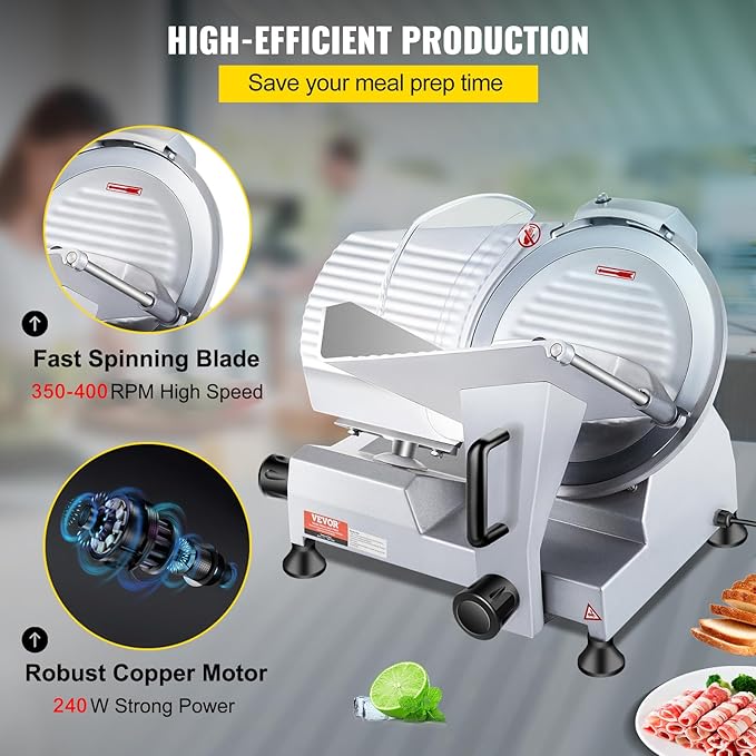 VEVOR Commercial Meat Slicer, 10 inch Electric Food Slicer, 240W Frozen Meat Deli Slicer, Premium Chromium-plated Steel Blade Semi-Auto Meat Slicer For Commercial and Home use