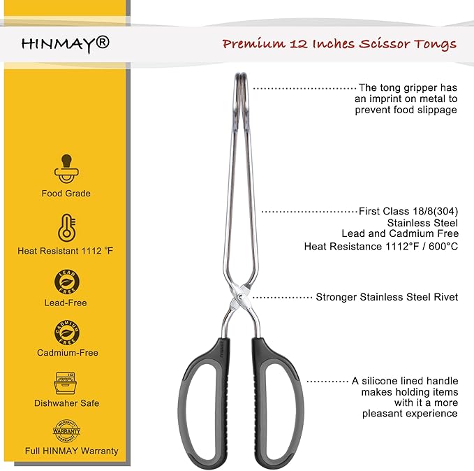 Scissor Tongs with Comfort-Grip Handle 12-Inch Cooking Tongs (Black Handle)