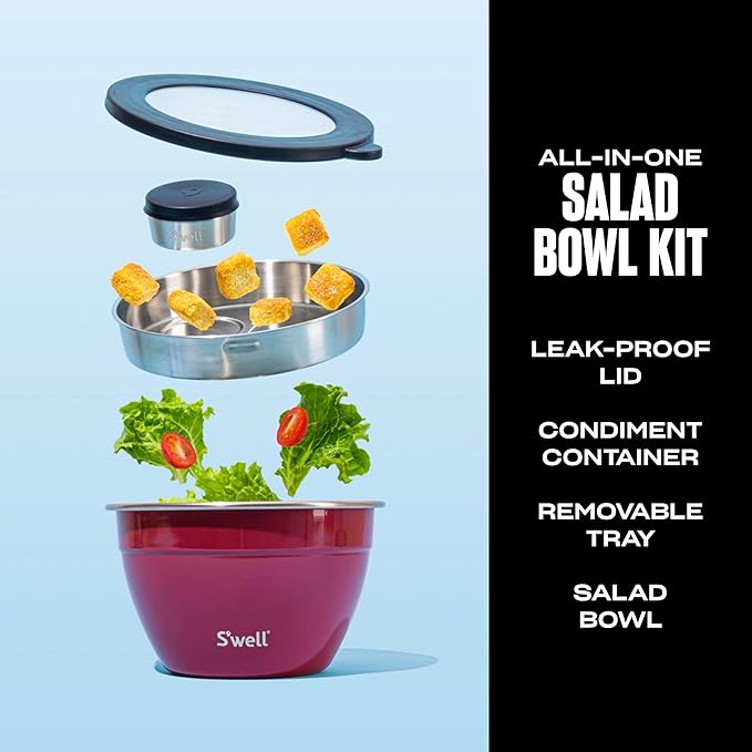 S'well Stainless Steel Salad Bowl Kit 64oz, Wild Cherry, Comes with 2oz Mini Canister and Removable Tray for Organization, Leakproof, Easy to Clean, Dishwasher Safe (Pack of 8)