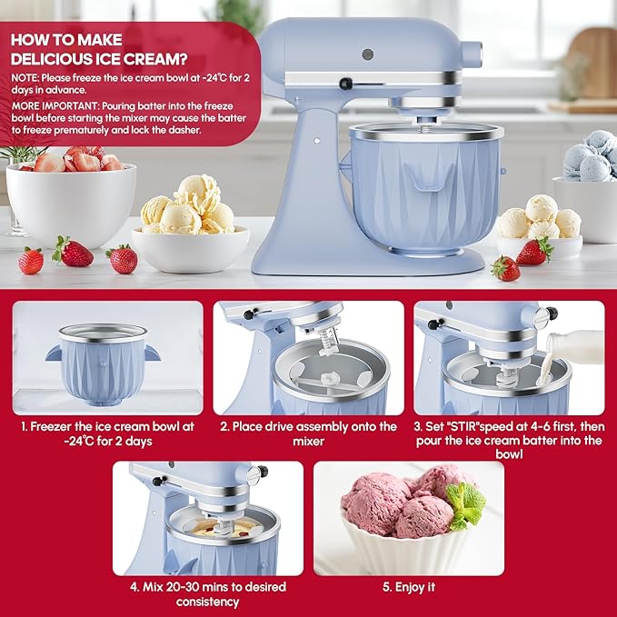 InnoMoon Ice Cream Maker Attachment for KitchenAid Stand Mixer, Compatible for Kitchenaid 4.5QT/5QT/6QT/7QT Stand Mixer, 2-Quart Frozen Yogurt, Sorbet Gelato Maker, Kitchen aid Ice Cream Maker (Blue)