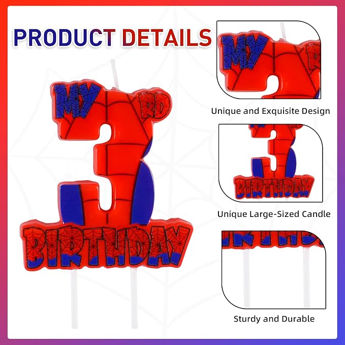 Spider Birthday Party Decorations, Number 3 Red Spider Web Happy Birthday Cake Candle for Boys Girls Spider Web 3rd Birthday Party Supplies (Spider Web 3rd Candle)