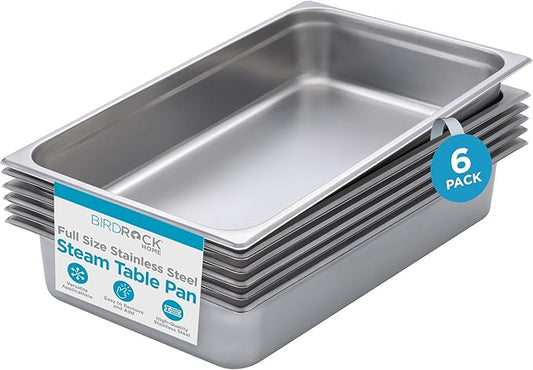BIRDROCK HOME Stainless Steel Steam Table Pan - Hotel, Restaurant & Catering Supplies - 24 Gauge Steel, 14 qt Capacity - Meal Prep, Cooking, & Food Storage Container - 4" Depth, Full-Size (6 Pack)