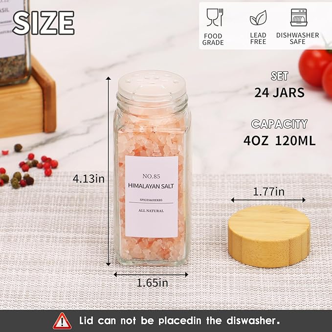 Spice Jars - 24 Pcs, Spice Jars with Labels, Glass Seasoning Jars with Bamboo Lids, Seasoning Containers,Empty Glass Spice Container Set , Seasoning Organizer, Kitchen Set, with Pepper Grinder