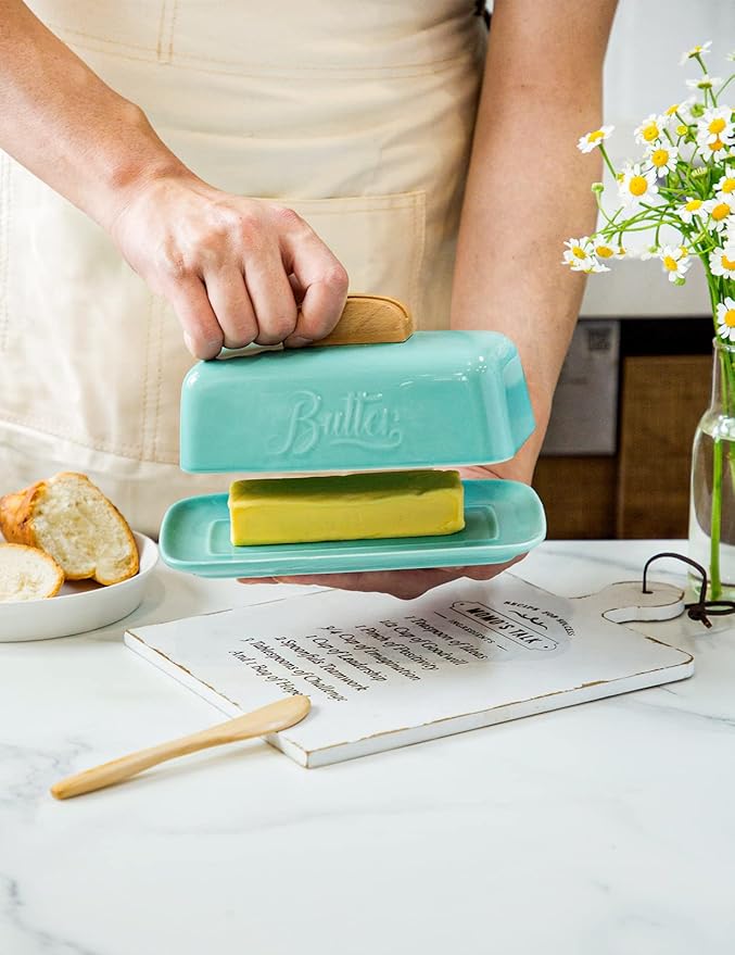 Butter Dish with Lid and Knife Ceramic Butter Holder for Counter Humanized Clamp-able Knife Handle Design, Perfect for East West Coast Butter, Skyblue