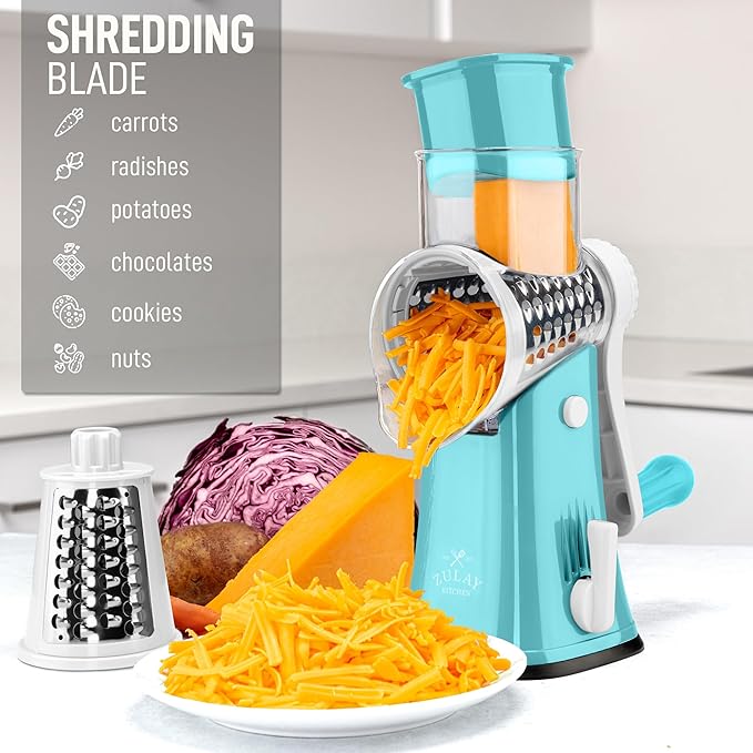 Zulay Kitchen Rotary Cheese Grater 5 Blade Cheese Shredder - Manual Hand Crank Cheese Grater With Reinforced Suction & 5 Interchangeable Drums - Easy to Use, Vegetable Chopper Round Mandoline Slicer