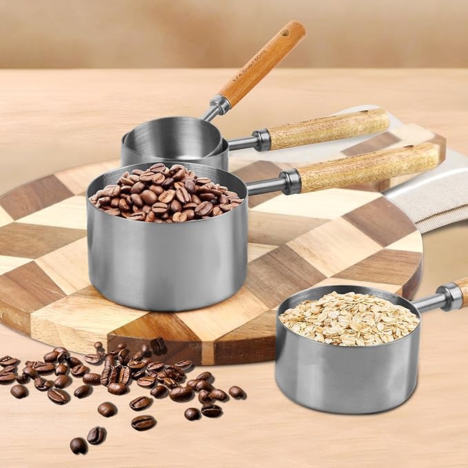 Measuring Cups and Spoons Set，Measuring Cup Set with Wooden Handle and Metric and US Measurements，Silver Polished Finish，for Cooking and Baking in The Kitchen (8 Piece)