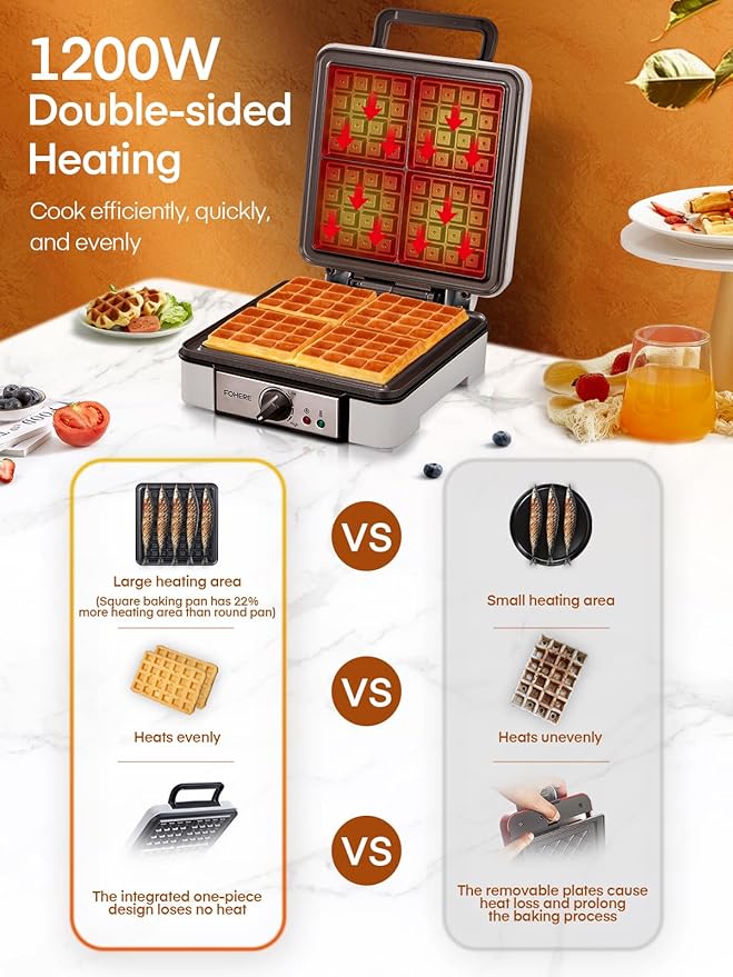 FOHERE Belgian Waffle Maker 4 Slices, 1200W Square Waffle Iron, 5 Browning Levels, Nonstick Plates, Cool-touch Handle, Anti-scald, Anti-overflow, Indicator Lights, Recipe, White (Large)