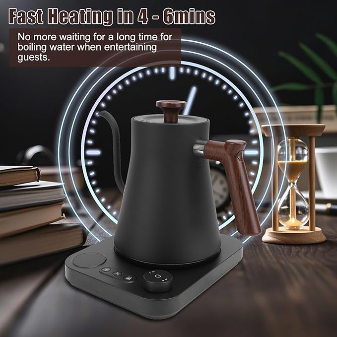 Electric Gooseneck Tea Kettle with Temperature Control, 1200W Electric Coffee Kettle Auto Shut Off Fast Heating, Stainless Steel Smart Water Heater with Timer for Brew Tea, Boil Hot Water (Black)