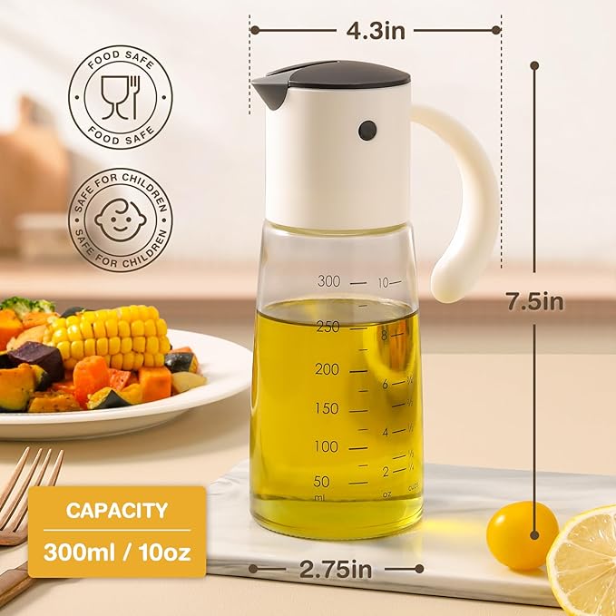 Vucchini Olive Oil Dispenser Bottle for Kitchen Cooking 10 oz - Auto Flip Vinegar Dispenser Container- Leakproof Glass Cruet with Non-Drip Spout Dispenser (white and yellow)