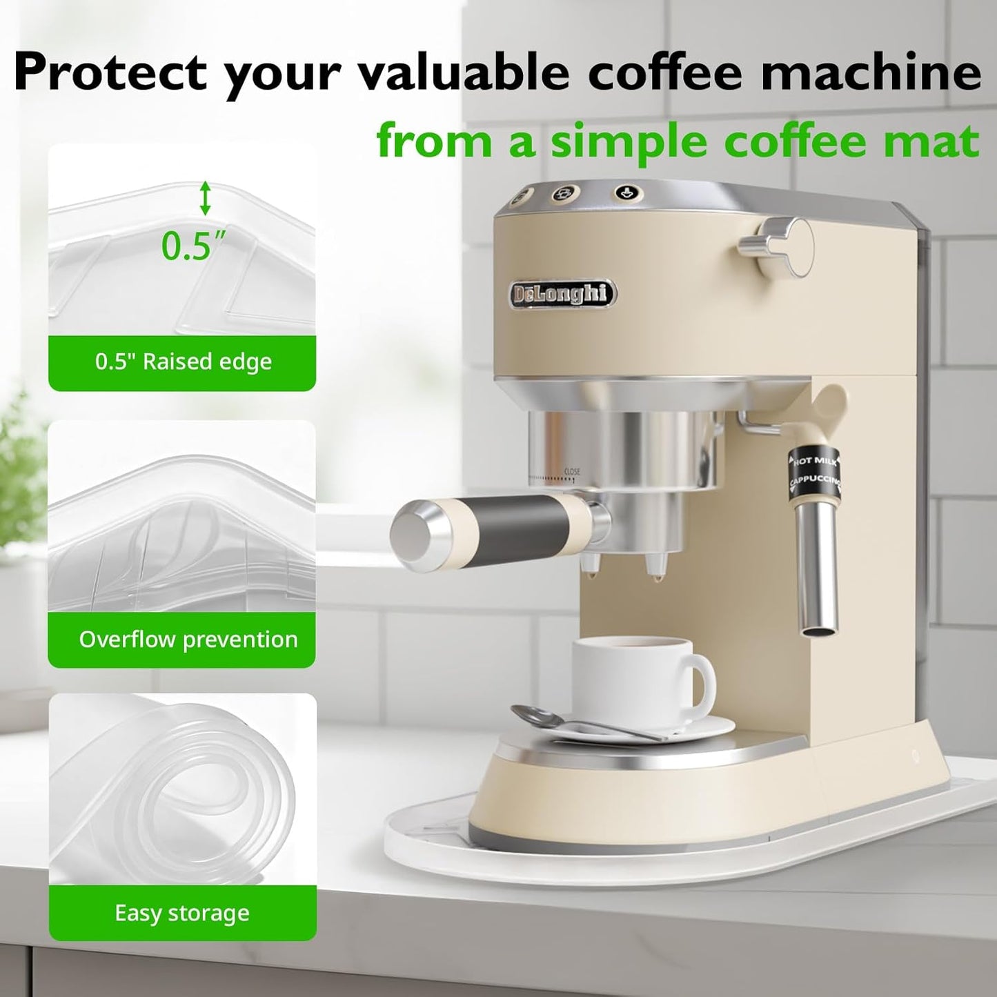 Silicone Coffee Mat,15.8"x 11.8"in Bar Mat for Countertop,Heat-Resistant,Non-Slip,Leak-Proof,Fit for Coffee Maker/Espresso Machine-Translucent