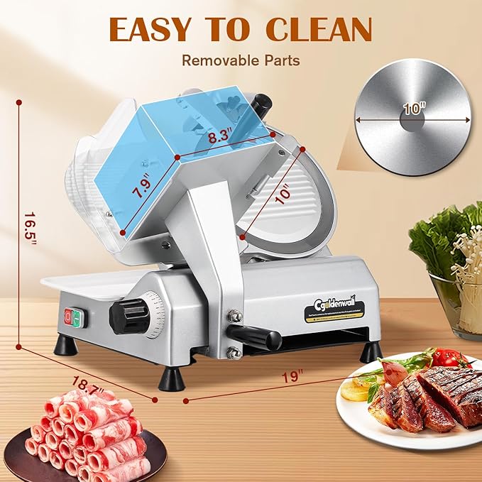 CGOLDENWALL Commercial Meat Slicer Machine, 240W 0-0.7" Adjustable Thickness Electric Deli Meat Cheese Food Slicer, 10" Semi-Auto Frozen Meat Slicer for Home, Copper Motor Low Noise Durable