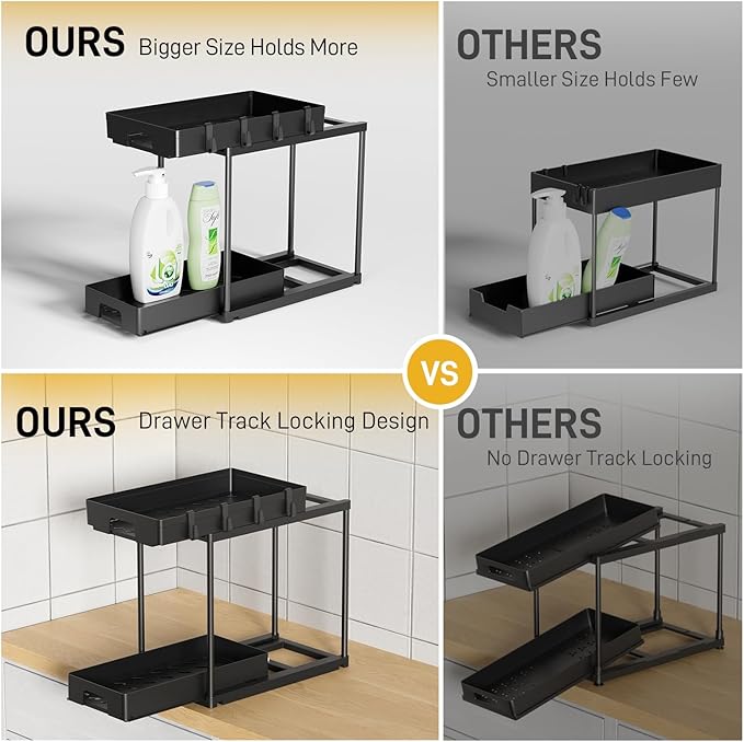 Delamu Under Sink Organizers and Storage, 2 Pack Pull Out Kitchen Bathroom Cabinet Organizer, 2 Tier Black Under Sink Storage for Bathroom Kitchen, Under Counter Storage Organizer with 8 Hooks