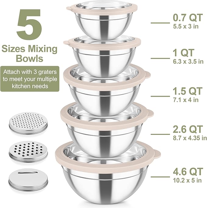 TeamFar Mixing Bowls, Stainless Steel Salad Serving Bowl with Clear Lids & 3 Graters, For Kitchen Cooking Prepping Storing, Size 4.6/2.6/1.5/1/0.7 QT, Nesting & Airtight, Set of 5 & Khaki