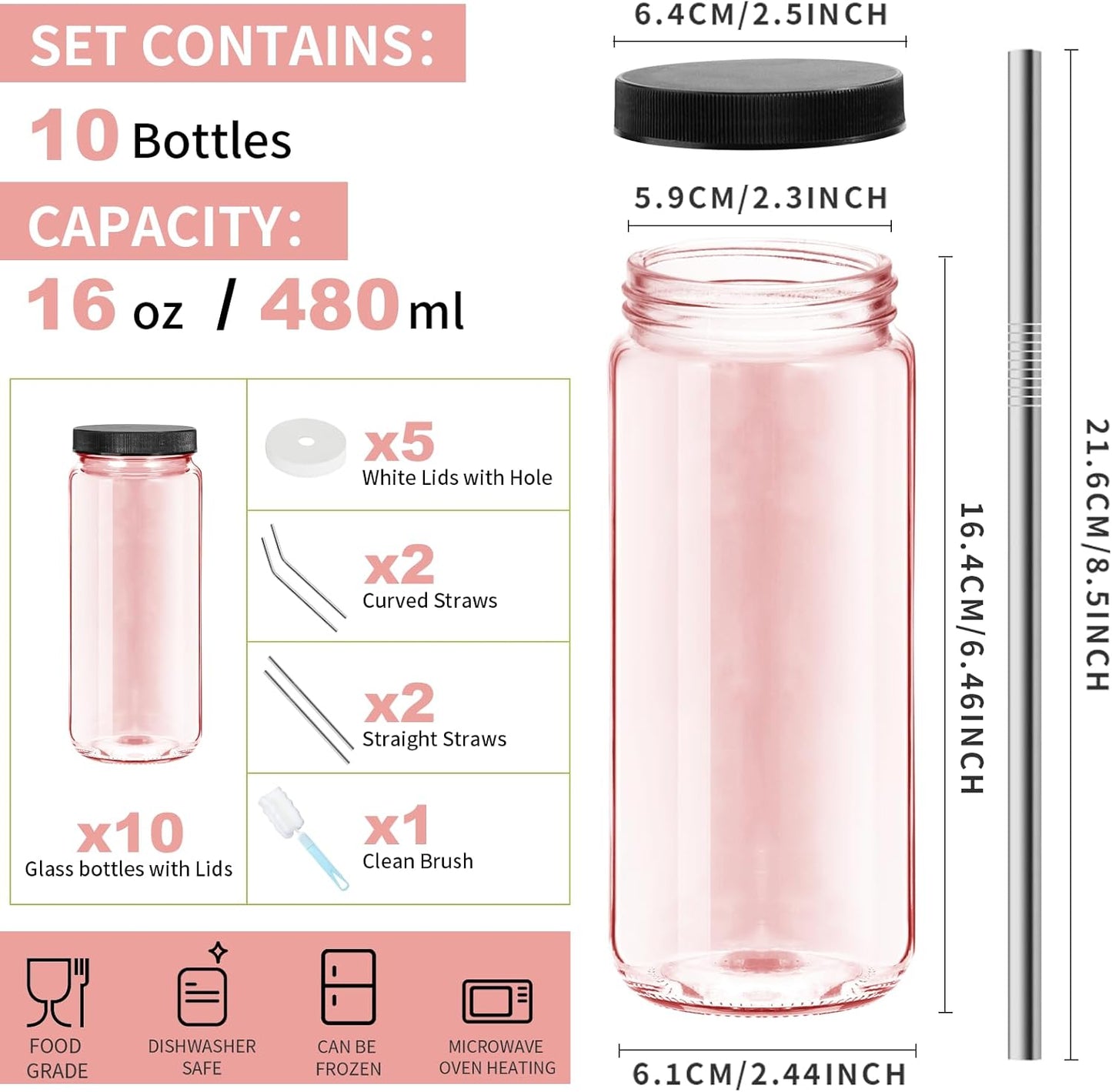 Ruckae Pink 16oz 10 Pack Juice Bottles, Glass Bottles Juicing with Lids, Smoothie Cup Lids and Straws, Water Bottle Mason Jar Drinking Glasses for Juicing, Smoothies, Kombucha