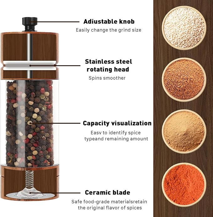 2 Pack 5.5 Inch Wood Salt and Pepper Grinder Set, Premium Acrylic Salt and Pepper Grinder Set with a Adjustable Ceramic Rotor - Made of High-Grade Acacia Wood Material