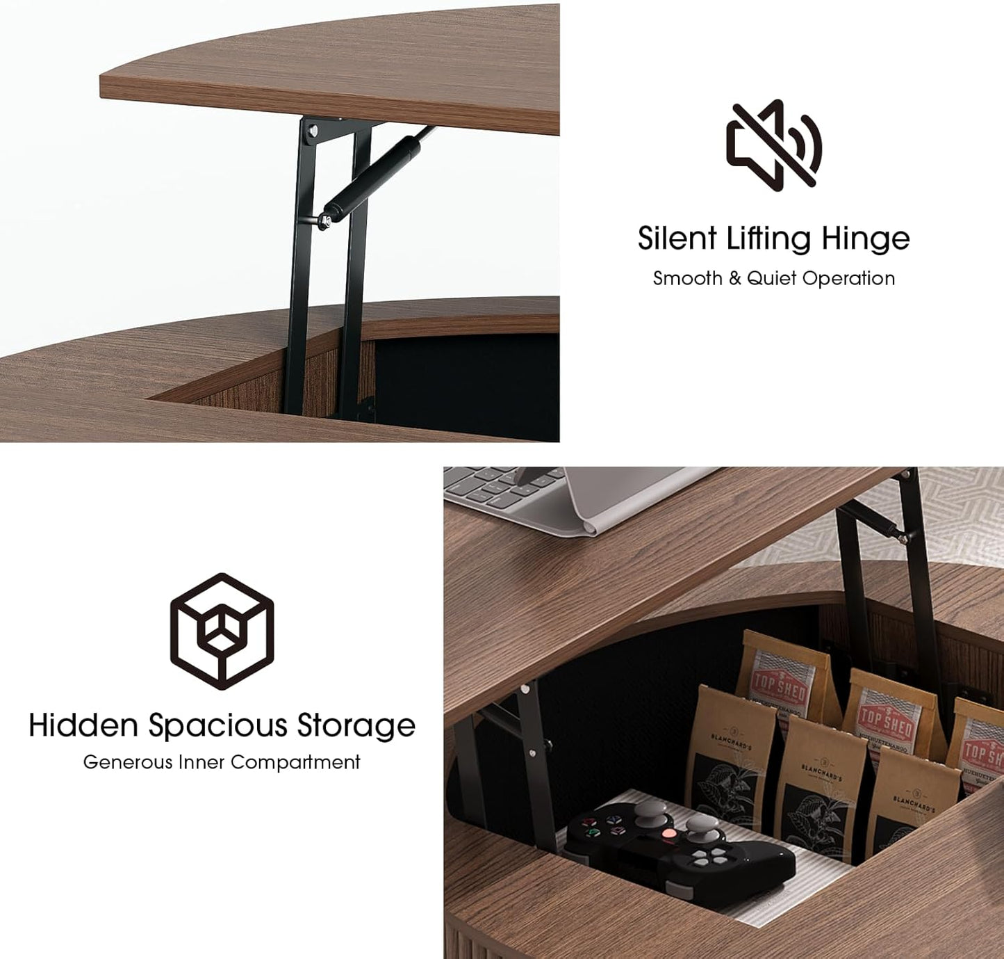 Lift Top Coffee Table,31.5” Mid Century Modern Center Table with Hidden Storage,Round Fluted Coffee Tables for Living Room, Home Office,Walnut