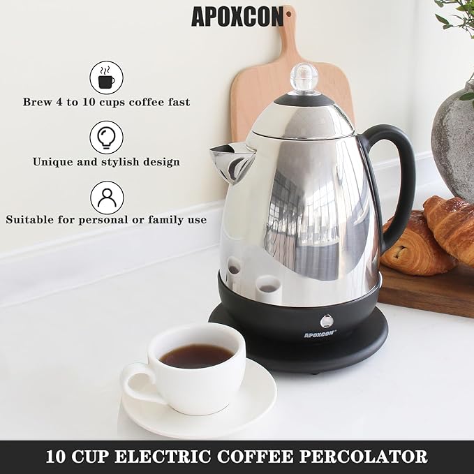 Electric Coffee Percolator Stainless Steel Coffee Maker with Clear Brew Progress Knob and No-Drip Spout Auto Keep Warm & Cordless Serving Coffee pot with On/OFF Switch Fast Brew (10 Cup)