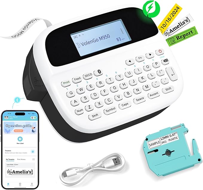 Label Maker Machine with Tapes, Label Maker Waterproof-Labels, Rechargeable Bluetooth Labeler, Portable Labeling Machine with Backlit LCD, M950 Handheld Label Printer for Office Home Use