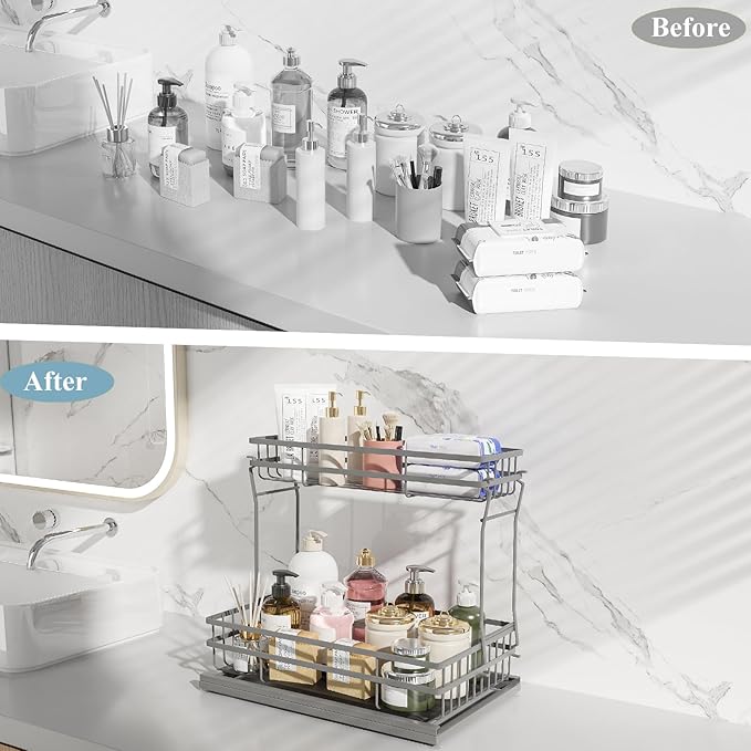 1 Pack Under Sink Organizers and Storage, 2 Tier Pull Out Cabinet Organizer, Metal Sliding Drawer Storage for Kitchen Bathroom，Gray