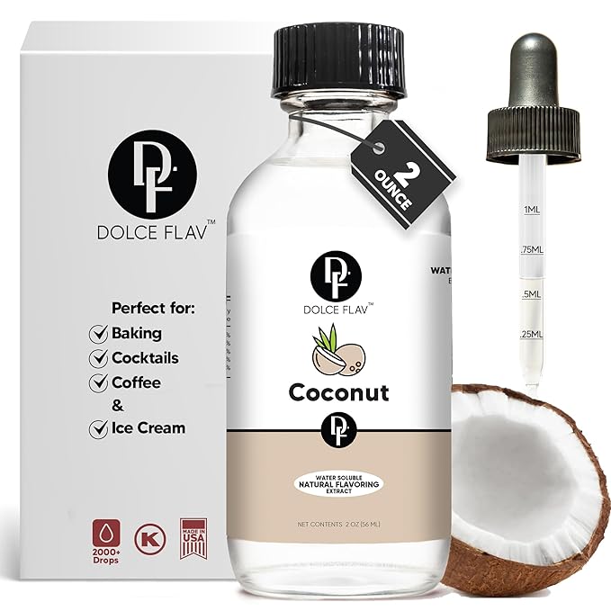 Dolce Flav Natural Coconut Extract – 2 Ounce Water-Soluble Kosher, Sugar-Free, Concentrated Tropical Coconut Flavoring for Baking, Beverages & Desserts, Includes Measured Dropper