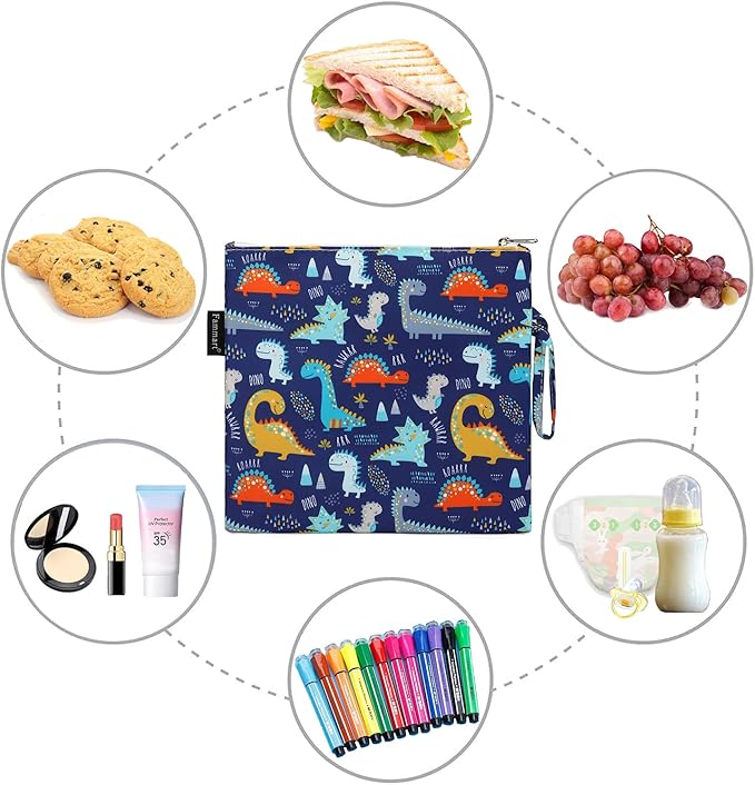 Reusable Sandwich Bag/Snack Bag for Kids & Adults, Dual Layer Lunch Bag with Handle, Cosmetic Bag Makeup Travel Bag for Women Girls, Washable, Food Safe, BPA Free (1-Pack, Dinosaur)