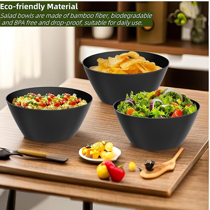 10 inch Bowls for Salad, Large Black Serving Bowl 118 oz, Bamboo Fiber Bowls Set of 3, Microwave and Dishwasher Safe, Great for Salad, Fruits, Vegetables and Pasta, BPA Free