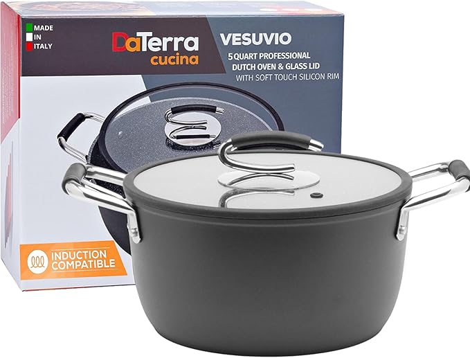 DaTerra Cucina - 5 Qt Nonstick Ceramic Dutch Oven Pot with Lid – Lightweight Nonstick Pot with Dual Handles, Perfect for Soup, Pasta, Sautéing, Searing, Induction & Stovetop Safe - Black