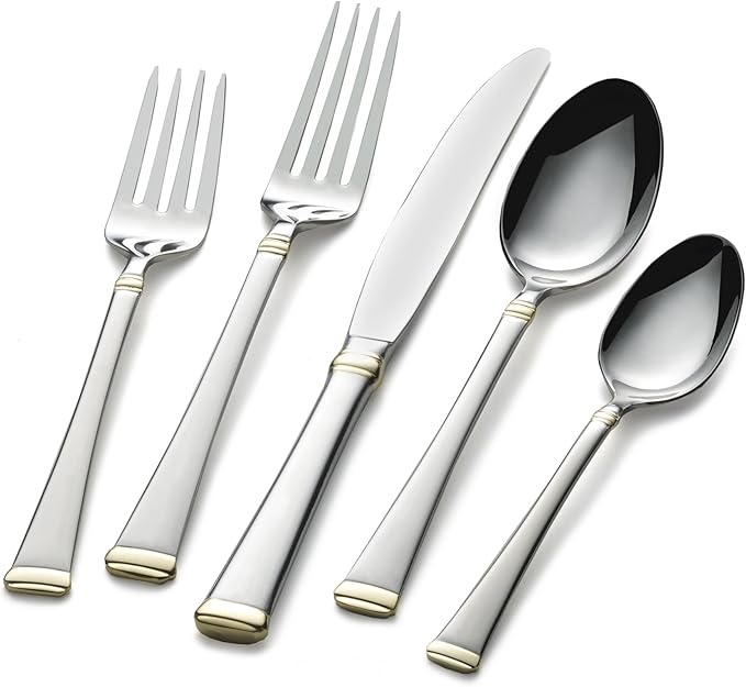Mikasa Gold Accent Harmony Flatware Set for 12, 65 Piece 18/10 Stainless Steel Silverware with Gold-Trimmed Handles and Serving Utensils, Elegant Dinnerware Service