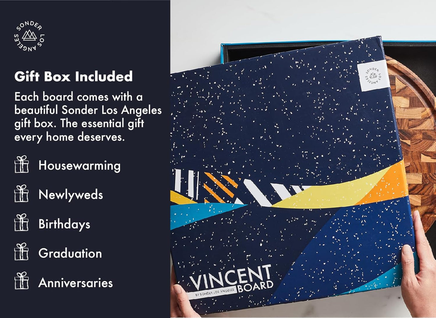 Sonder LA, End Grain Teak Wood Cutting Board 15" Round 1.5" Thick with Juice Groove and Built-in Handles, Charcuterie Serving Board (Gift Box Included)