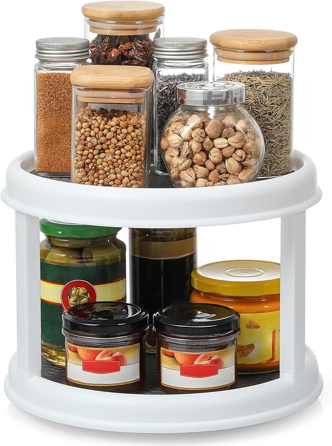 2 Tier 10" Turntable Lazy Susan Spice Organizer - Rotating Seasoning Rack for Pantry Cabinet Kitchen Countertop, Table Top Organizing - Multiuse Two Tier Rotating Organization Rack Spinner