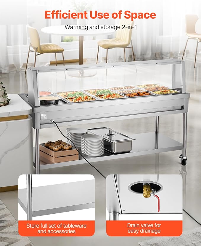 VEVOR Commercial Food Warmer, 8 Pans + 2 Pots Electric Steam Table, 1800W Professional Buffet Catering Food Warmer with Shield Undershelf Wheels, Stainless Steel Server for Party Restaurant