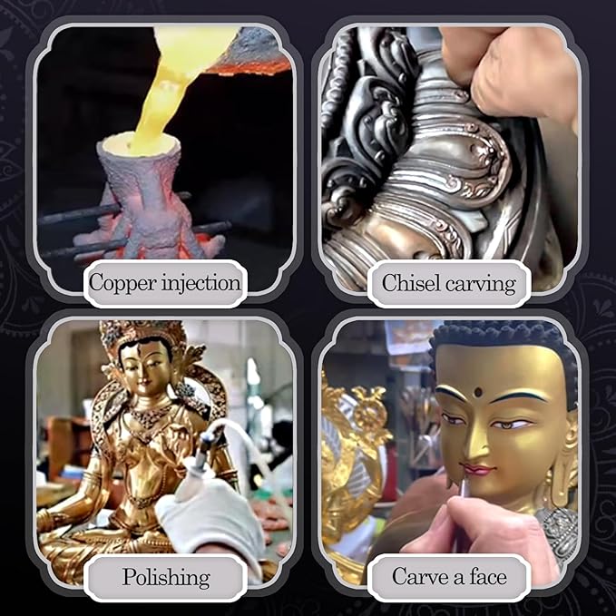 Buddha Statue Indoor, Green Tara Buda Sculpture for Home Decor, Hand-Painted Colored Buddhist Budda, Nepalese Craft Handmade Tibetan Buddhism Meditation Copper, 5.51"