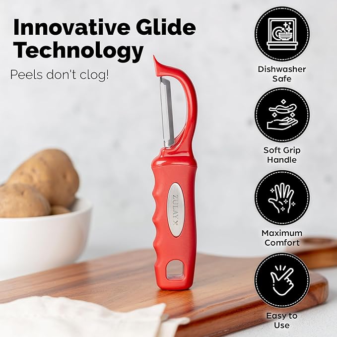 Zulay Kitchen Premium Vegetable Peeler for Kitchen - Swivel Peeler with Razor Sharp Stainless Steel Blades & Strong Ergonomic Handle - Dishwasher Safe, Easy To Use with Blemish Remover - Red