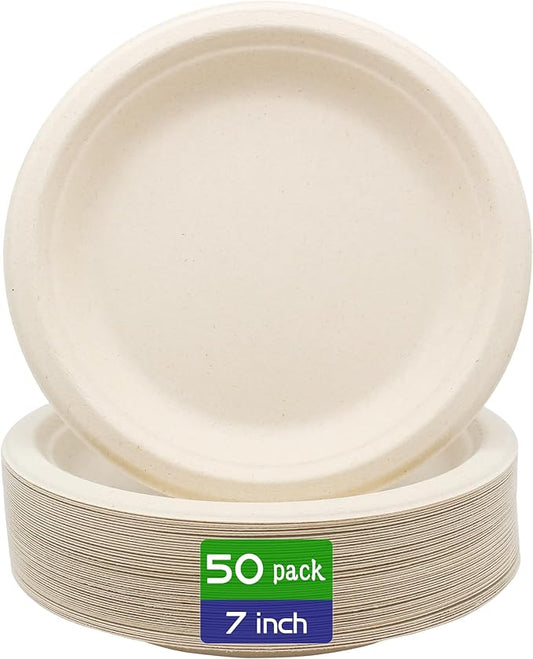 BLUE TOP 100% Compostable Disposable Paper Plates Heavy Duty Waterproof Plates-50 Pack 7 inch Eco-Friendly Plates, Natural Biodegradable Sugarca Bagasse Dinner Plates Unbleached Brown