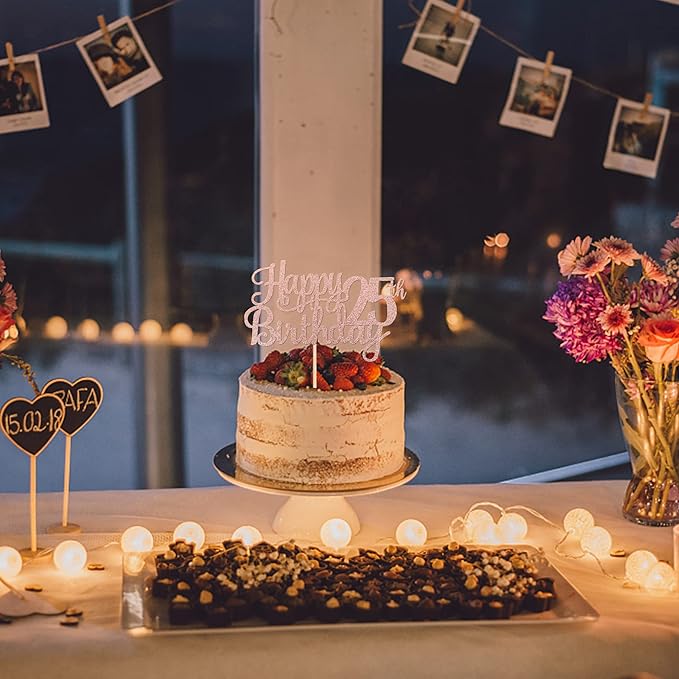 1 PCS Happy 25th Birthday Cake Topper Glitter Cheers to 25 Years Birthday Cake Pick 25 Fabulous Cake Decoration for Happy 25th Birthday Theme Party Decorations Supplies Rose Gold