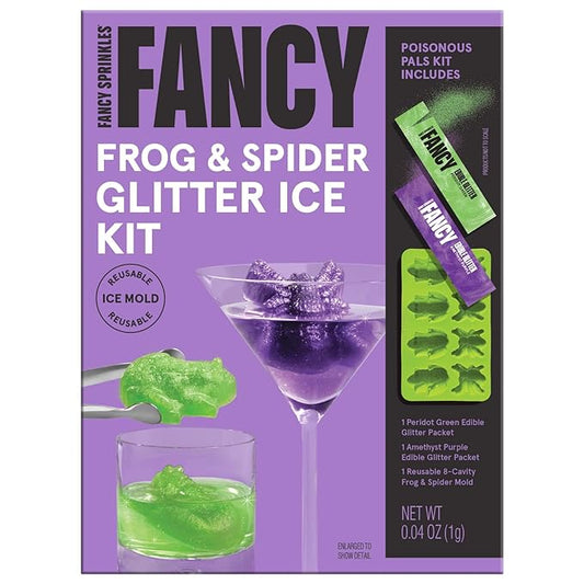 Fancy Sprinkles Limited Edition Halloween Poisonous Pals Glitter Ice Decorating Kit For Halloween Celebrations with Reusable Silicone Mold of Both Frogs and Spiders, and Two Colors of Edible Glitter