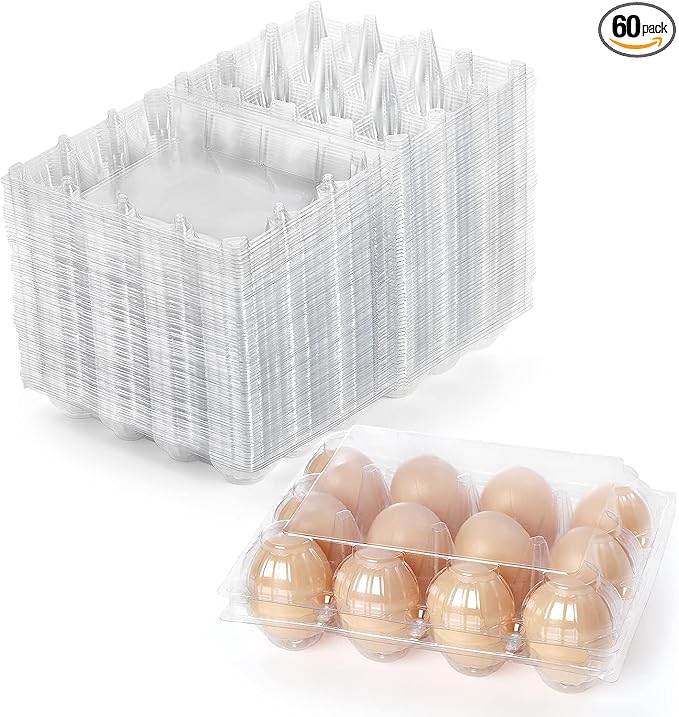 Youeon 60 Pcs Plastic Egg Cartons 12 Count, Clear Egg Cartons for Chicken Eggs 3x4 Grid, Reusable Eggs Carton Bulk Perfect for Family, Farm, Markets, Display, Camping -Medium