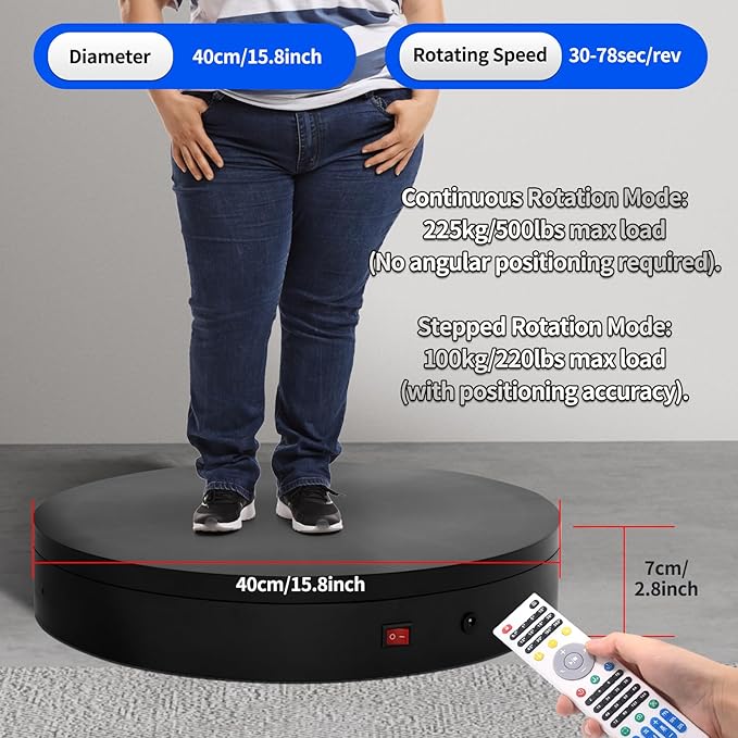 15.8In Remote Motorized electric turntable Rotating platform Photography Turntable Motorized lazy susan Base giratoria para for Photography,3D Scanner,Heavy duty display(Load Range:220~500lbs)