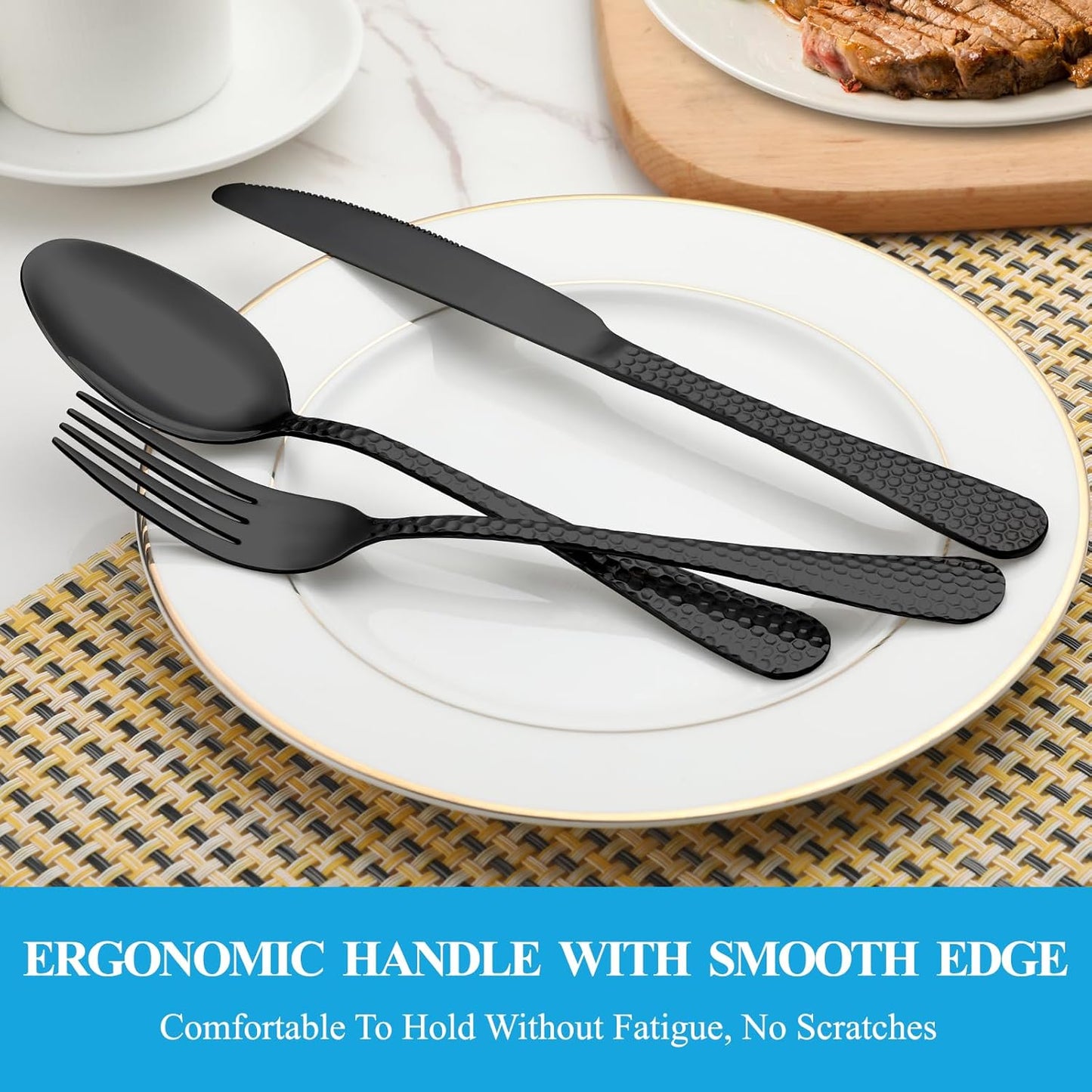 30 Pcs Black Hammered Silverware Set Service for 6,Stainless Steel Flatware Set,Mirror Polished Cutlery Utensil Set,Durable Kitchen Eating Tableware Set,Include Fork Knife Spoon Set,Dishwasher Safe