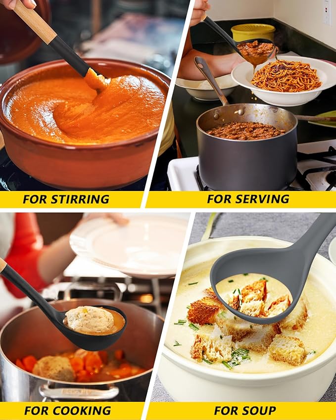 Pack of 2 Soup Ladle, Silicone Ladle Spoon with Wooden Handle, Large Non Stick High Heat Resistant Kitchen Utensils for Cooking, Stirring, Serving Soups(BLACK-GRAY)