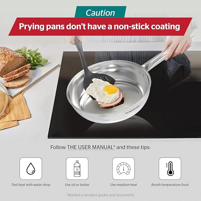 Sunhouse 18/10 8 Inch Stainless Steel Frying Pan, Whole-Clad No Coatings Skillet with Stay-cool Handle for Cooking, Durable & Oven Safe to 500°F, Dishwasher Safe, Compatible with All Cooktops